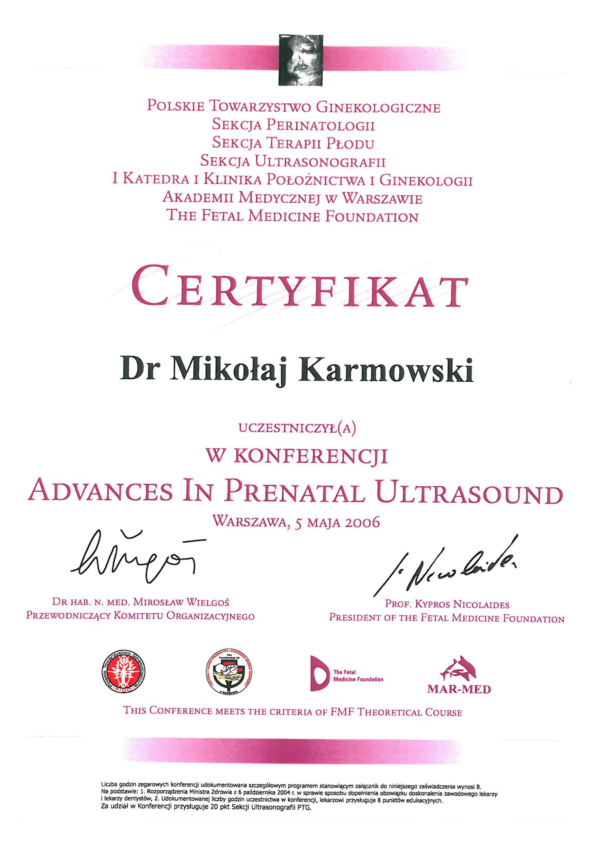 Mikołaj Karmowski certyfikat advances in prenatal ultrasound