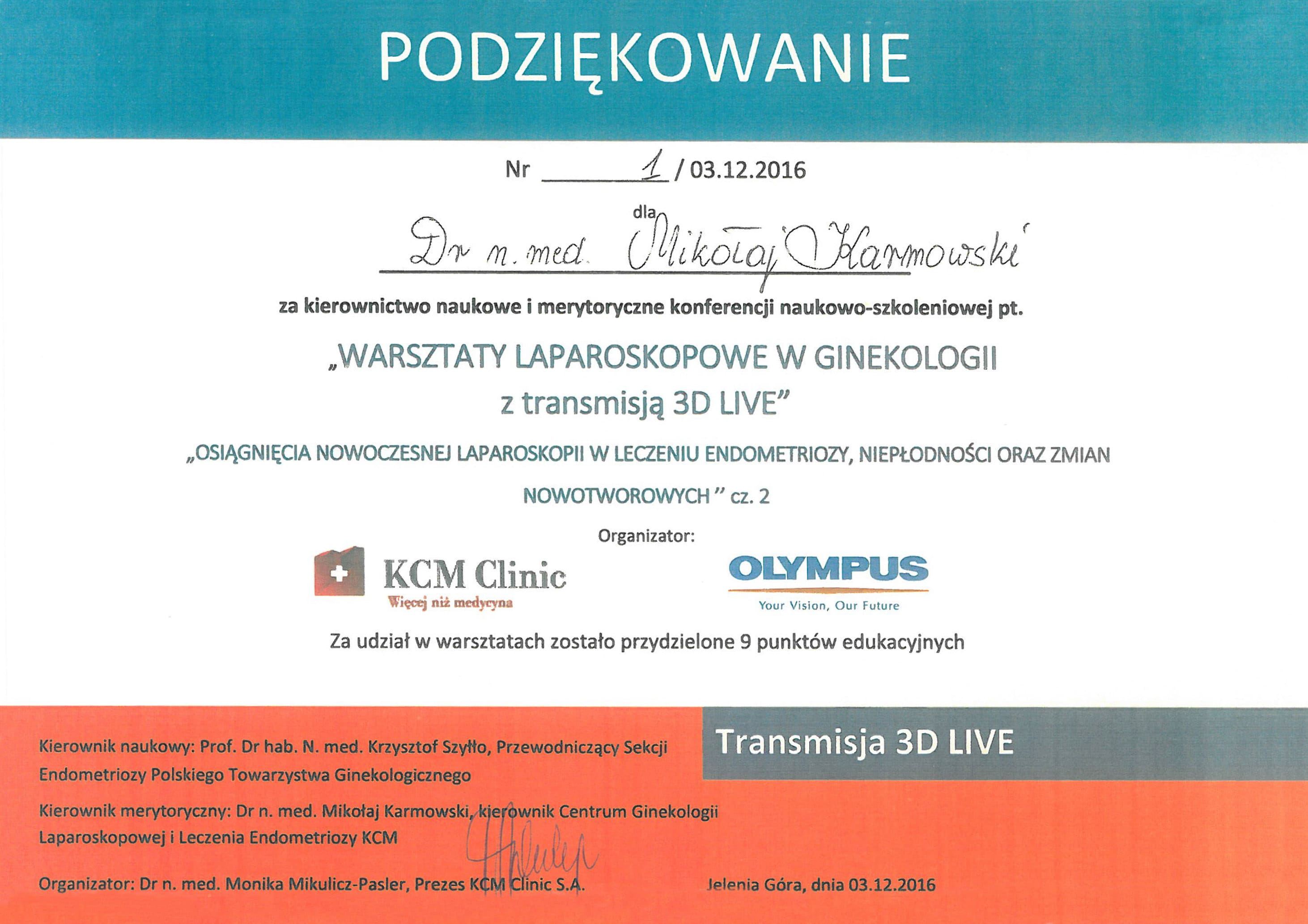 Mikołaj Karmowski certyfikat warsztaty laparoskopowe w ginekologii z transmisją 3D live